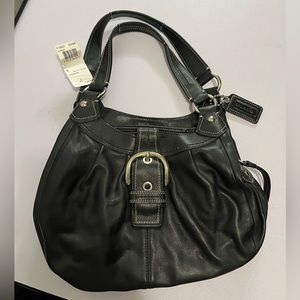 Medium Size Three Section Leather Black Coach Purse w/ Baby Blue Interior